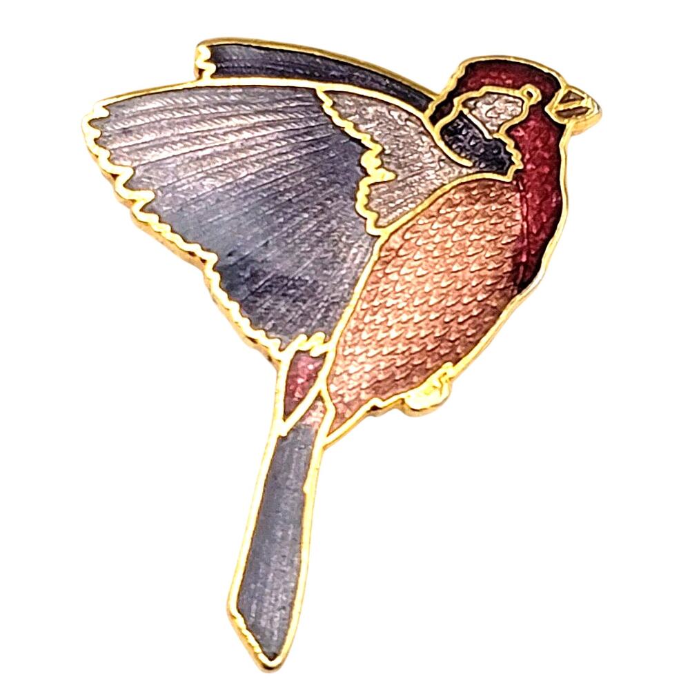 WM Spear Bird Pin Flying Finch Sparrow Gold Tone Enamel Vintage
